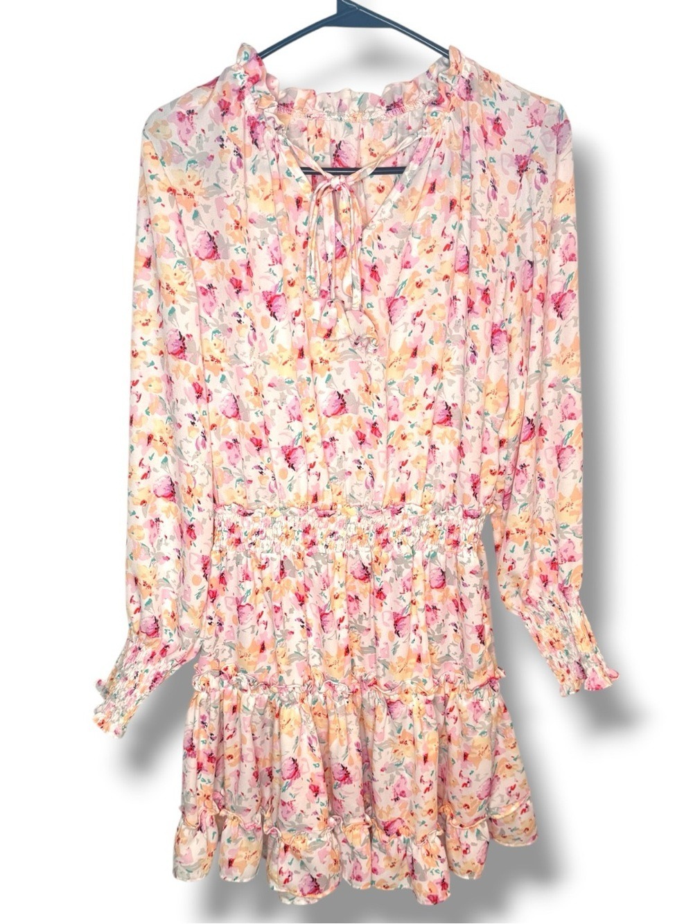Vanilla Yellow Floral Mini Dress Long Sleeve Mock Neck Cream - Picture 6 of 11